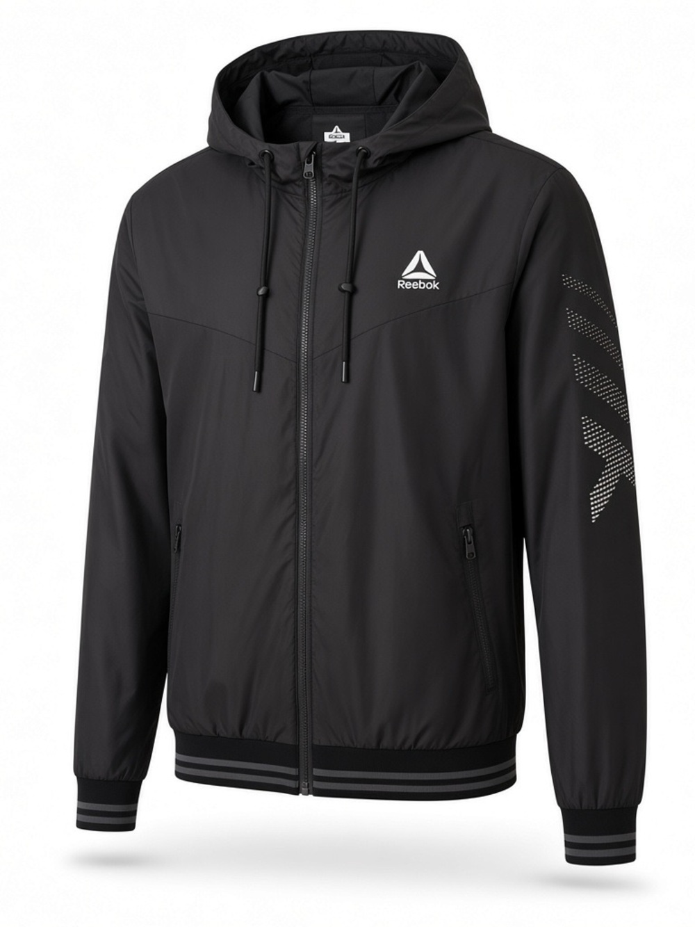 Reebok Black Hooded Windbreaker with Reflective Sleeve Detail